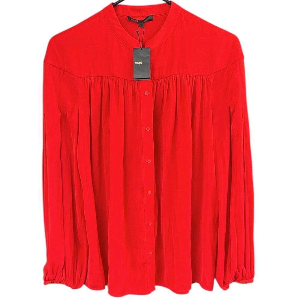 NWT Maje Cusmia Button Front Puff Sleeve Top Red Size Small Retail $355.00